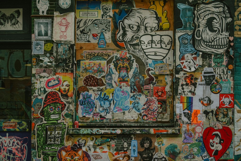 Urban stickers, posters and street art collage — custom branding energy